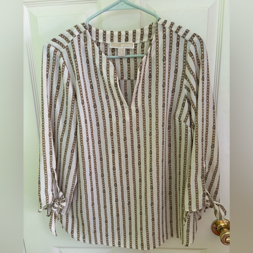 Michael Kors Chain Link Print V Neck Blouse Women’s M Cream and Gold
